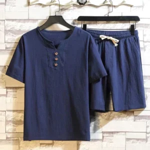 Men's Buddhist meditation cotton linen henley shirt and drawstring shorts set - navy blue front view