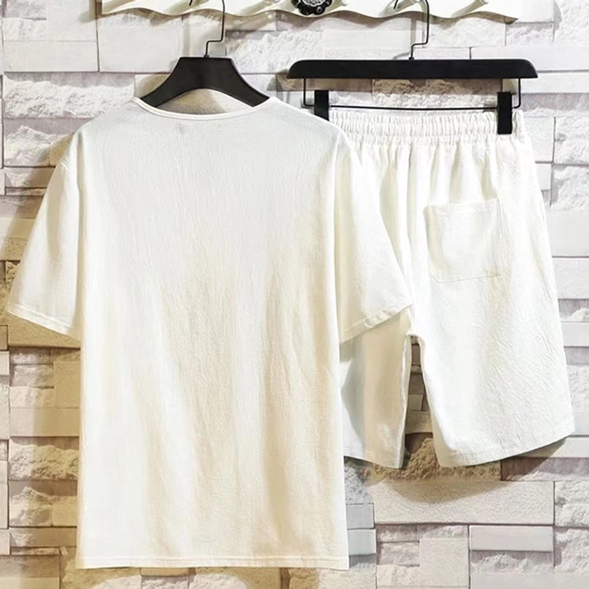 Men's Buddhist meditation loungewear - off-white henley and shorts back view with functional pockets