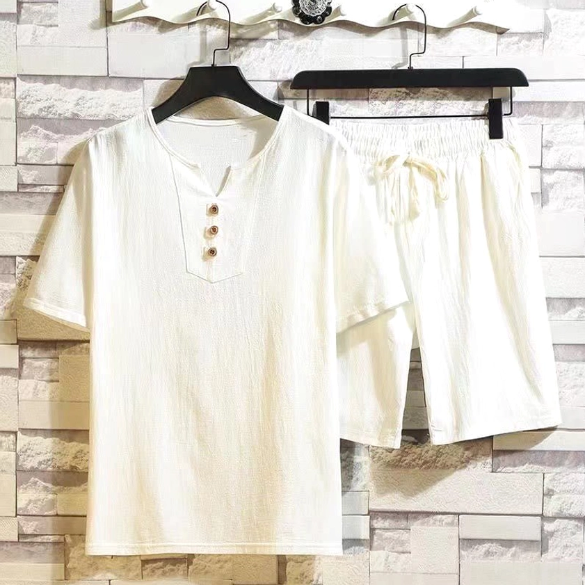 Men's Buddhist mindfulness cotton linen set - off-white henley shirt with pocketed drawstring shorts front