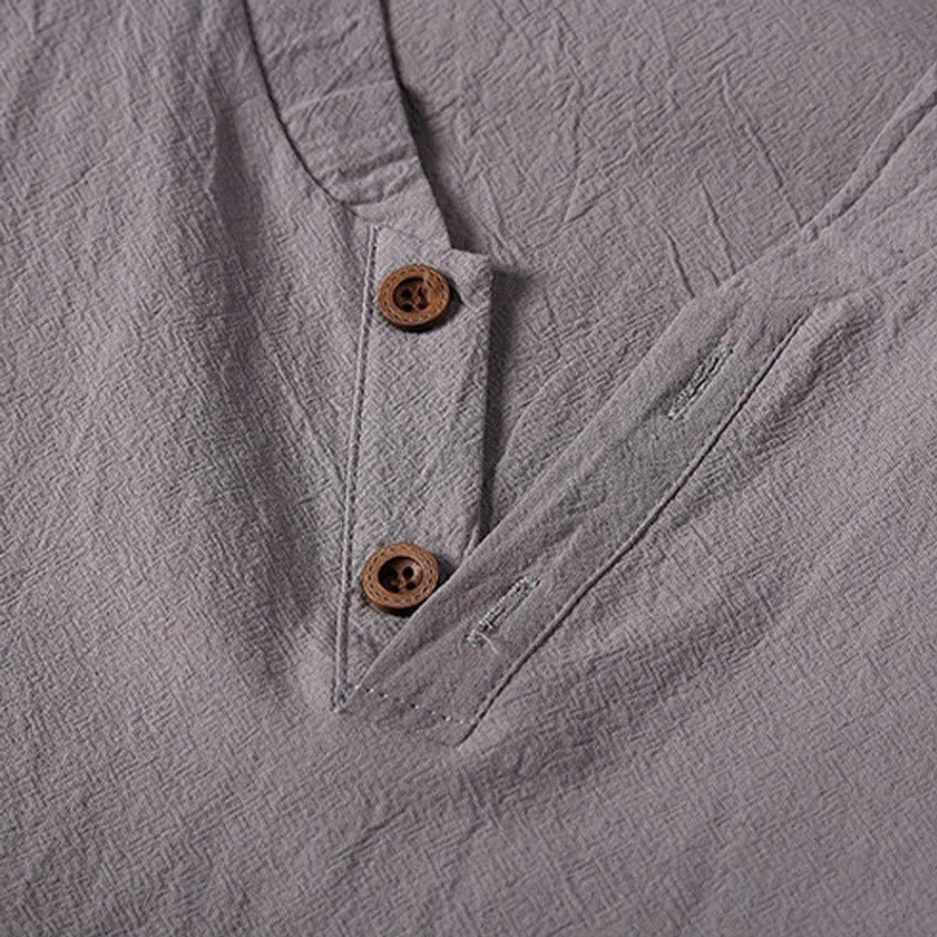 Men's cotton linen meditation henley collar short sleeve top, detailed fabric texture view