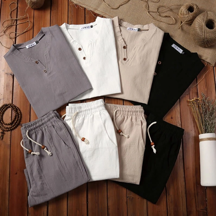 Men's meditation clothing henley collar short sleeve top, premium cotton linen blend