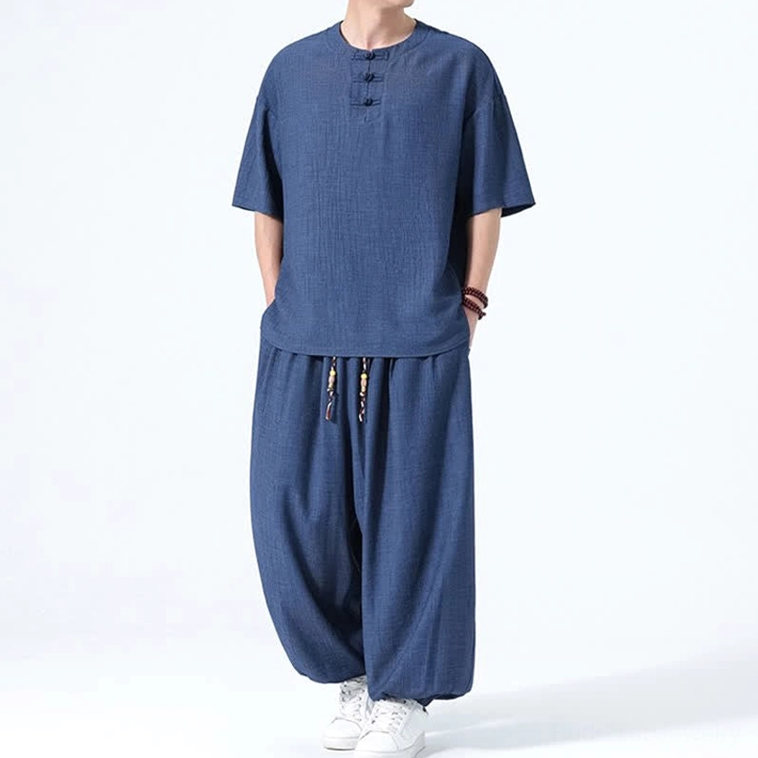 Men's Tang dynasty linen set navy right side pocket detail showing functional design