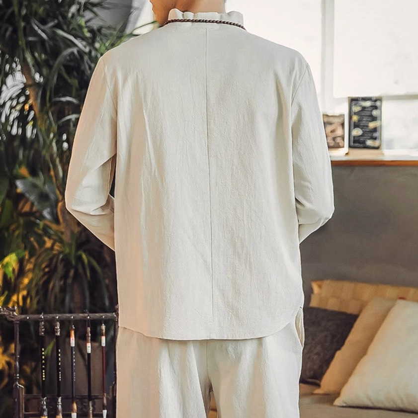 Men's meditation linen set back view showing minimalist design and high collar
