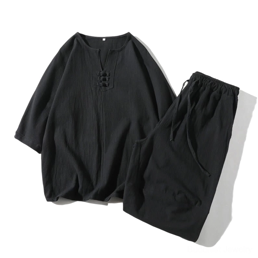 Black meditation linen set front to back view - complete spiritual clothing ensemble