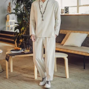 Men's meditation linen clothing set full front view with v-neck top and ankle-length pants