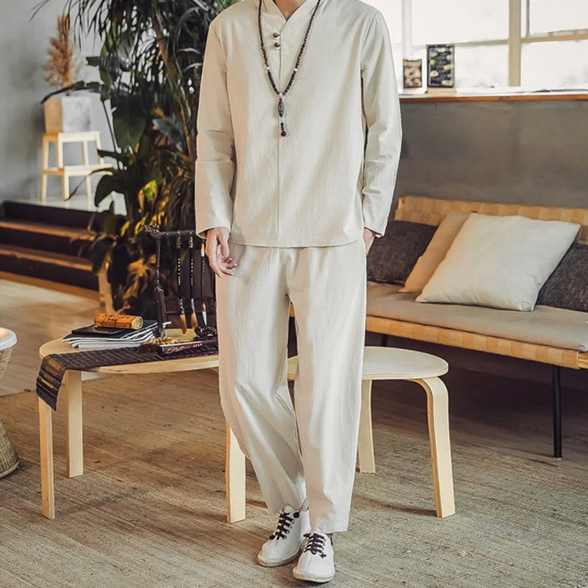 Men's meditation linen clothing set full front view with v-neck top and ankle-length pants
