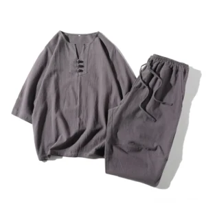 Men's meditation linen set front view - notched collar top with wide leg shorts in silver gray, flat lay display