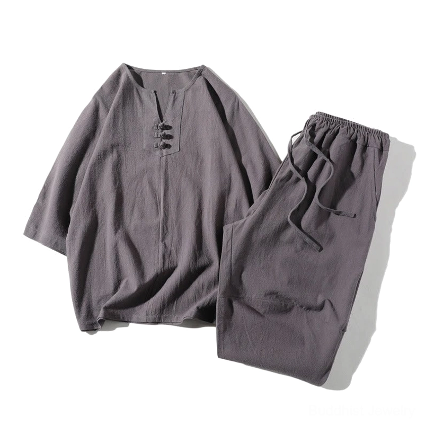Men's meditation linen set front view - notched collar top with wide leg shorts in silver gray, flat lay display