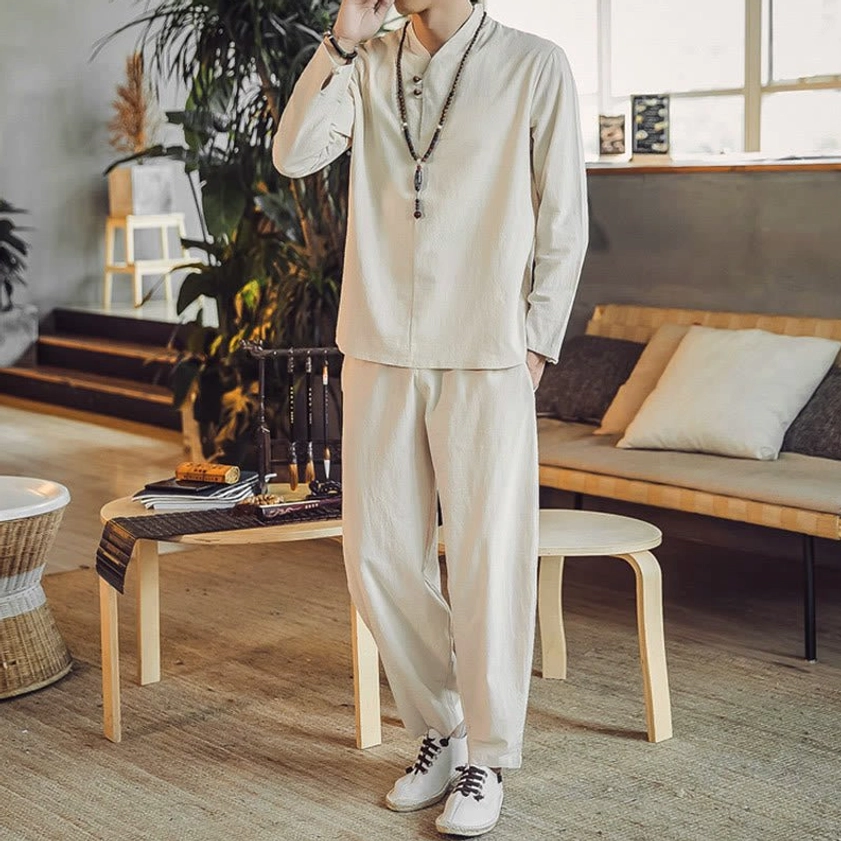 Men's meditation set front view with functional side pockets and long sleeve top