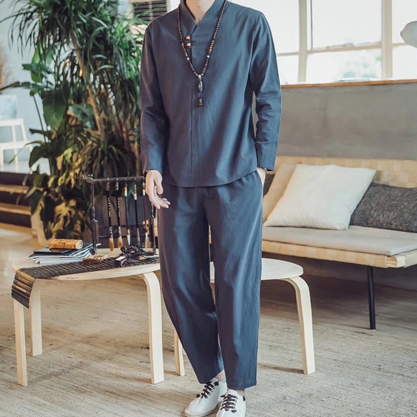 Men's meditation linen clothing set steel blue color variant