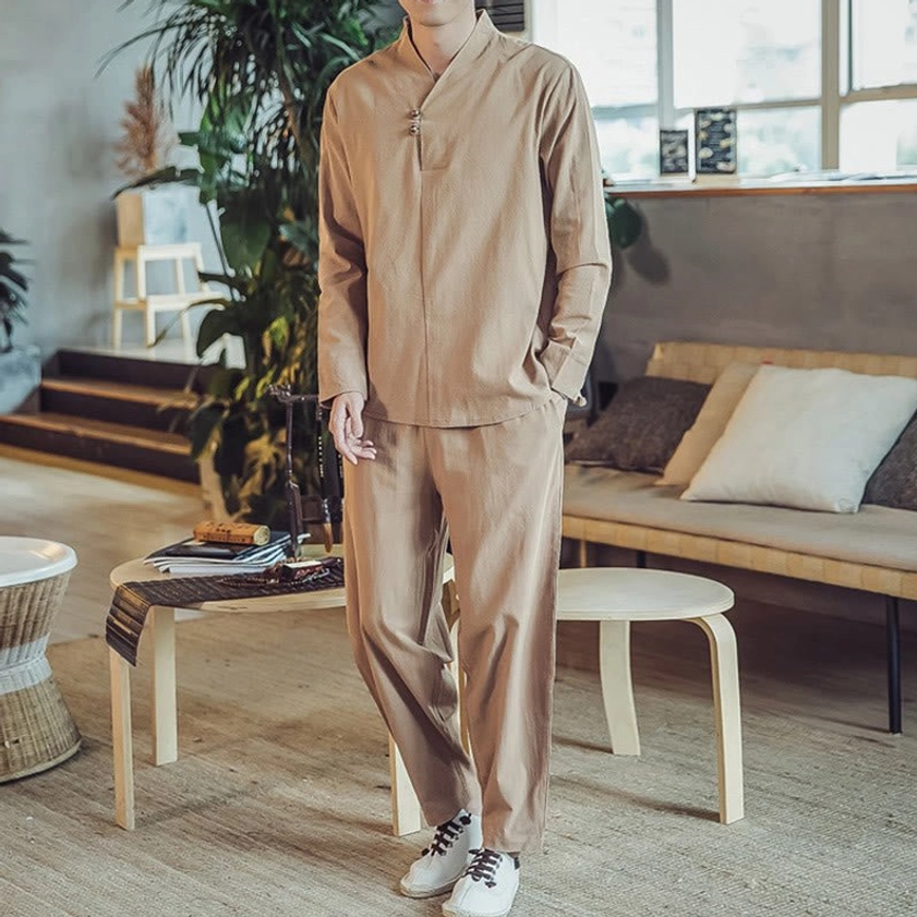 Men's meditation linen clothing set tan color option full front