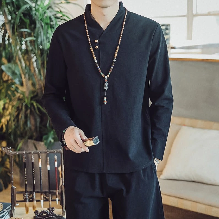 Men's meditation linen clothing close-up of v-neck and sleeve construction