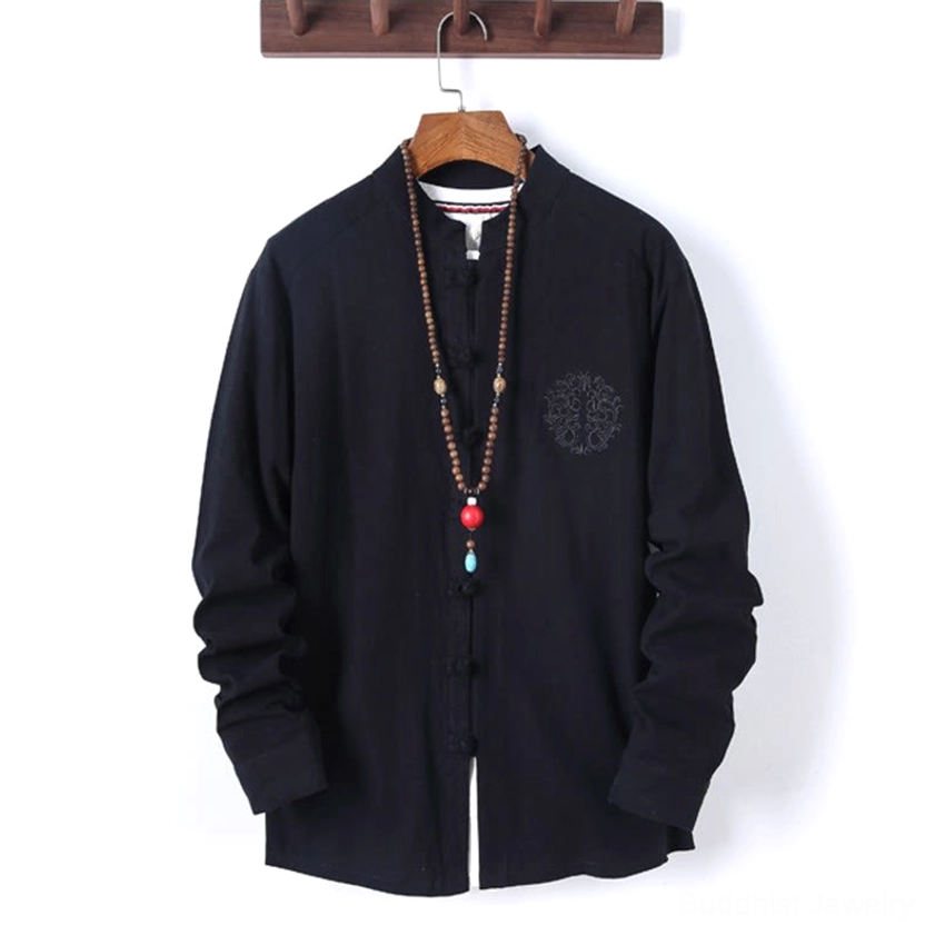 Mandarin collar long sleeve meditation shirt with frog button closures, front hanging display with decorative chest embroidery