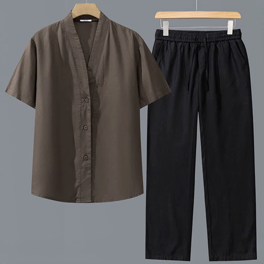Men's two-tone meditation outfit set dark brown shirt with black pants V-neck short sleeves drawstring waist