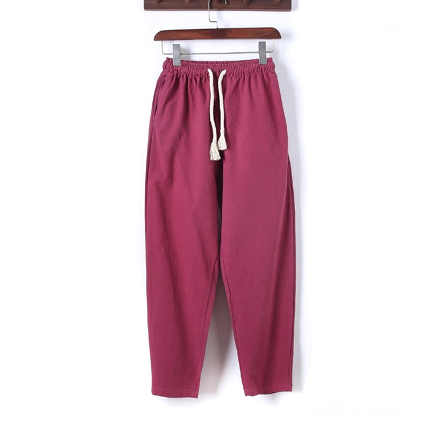 Royal blue meditation pants leg detail showing straight cut and hem construction quality