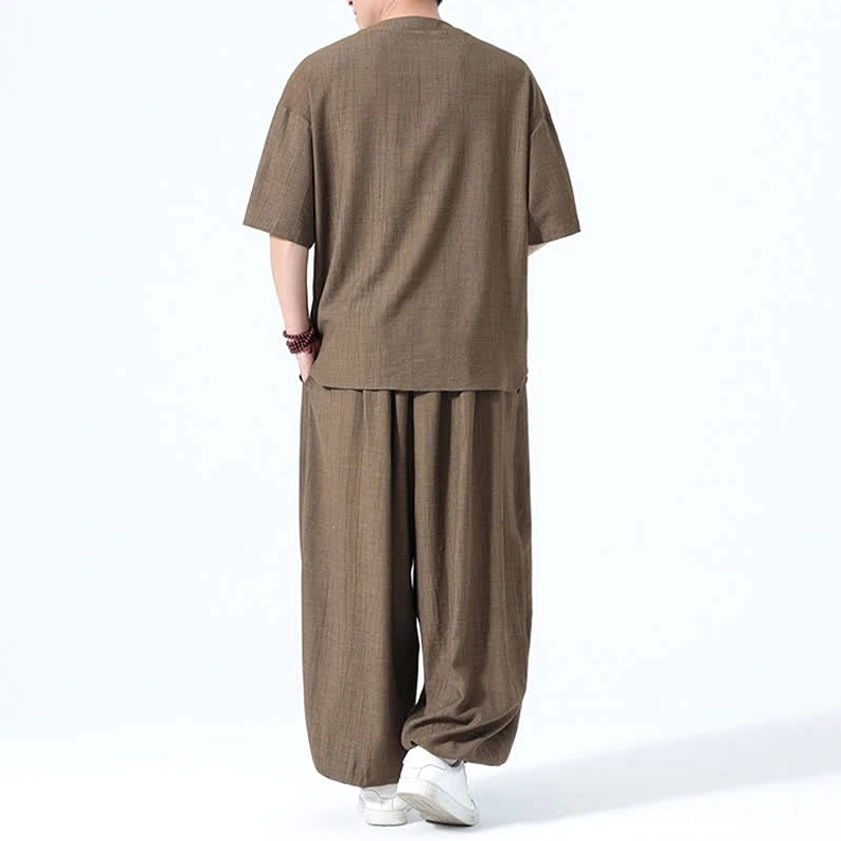 Men's spiritual wear back view brown short-sleeve shirt with drawstring harem pants rear