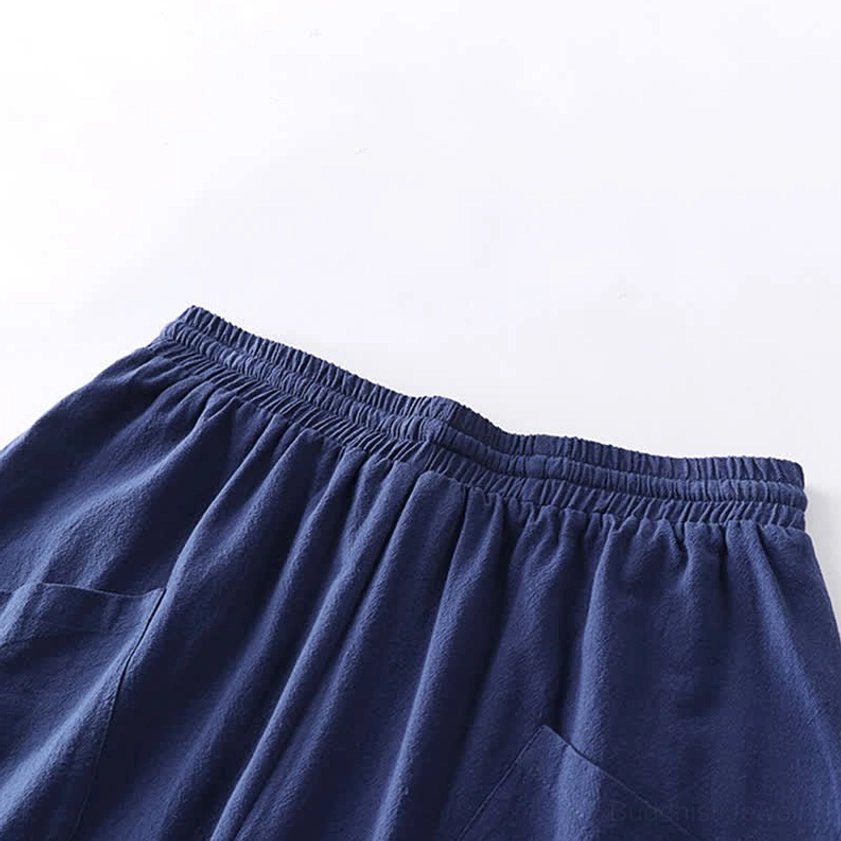 Men's Tang style meditation garment fabric detail showing breathable cotton polyester blend
