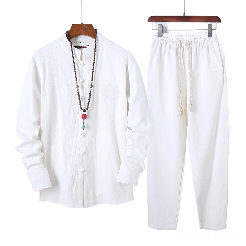 Men's meditation cotton shirt and pants set in firebrick red, complete two-piece ensemble flat lay display