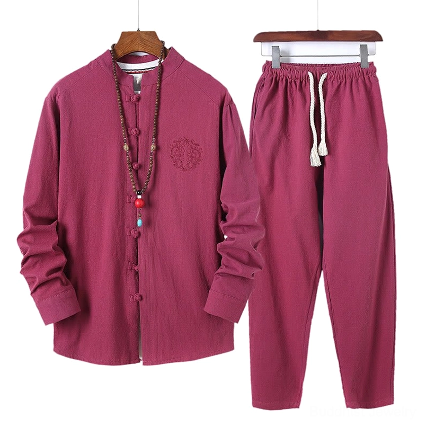 Firebrick red meditation set front view showing complete shirt and pants matching ensemble