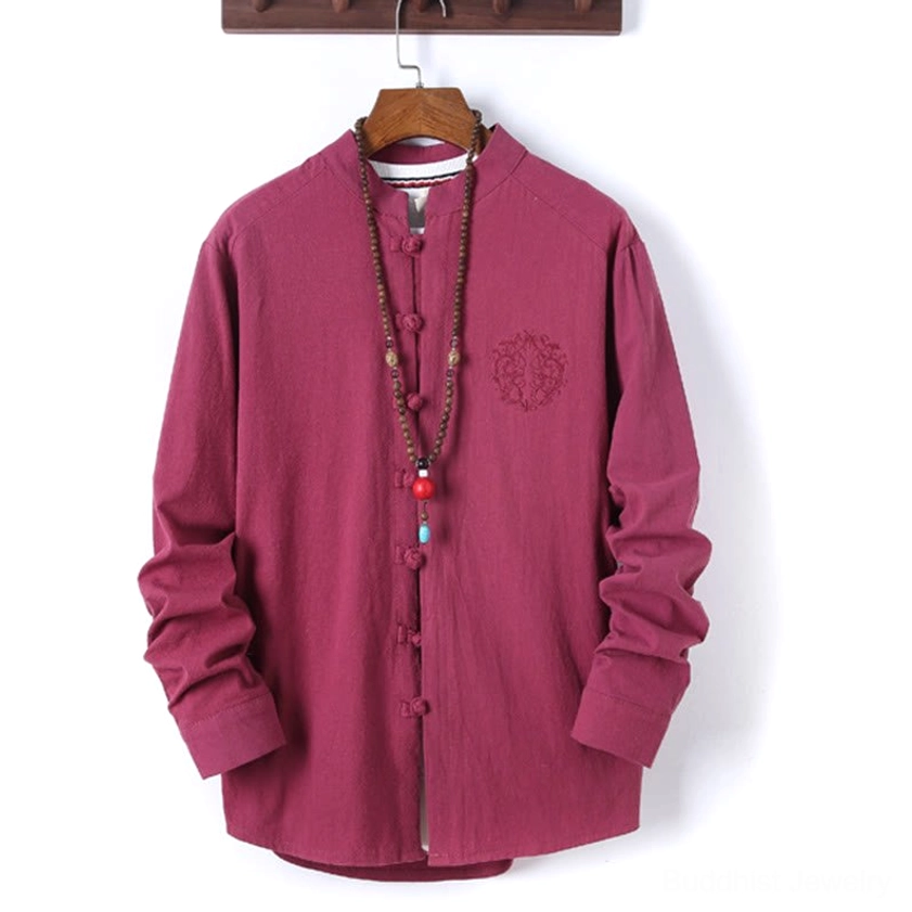 Full front view of firebrick red meditation set showing mandarin collar and frog button closure
