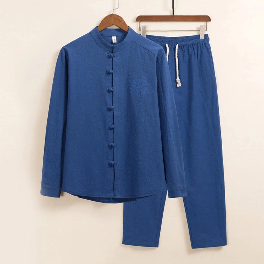 Men's Buddhist meditation shirt and pants set with traditional frog buttons, royal blue color