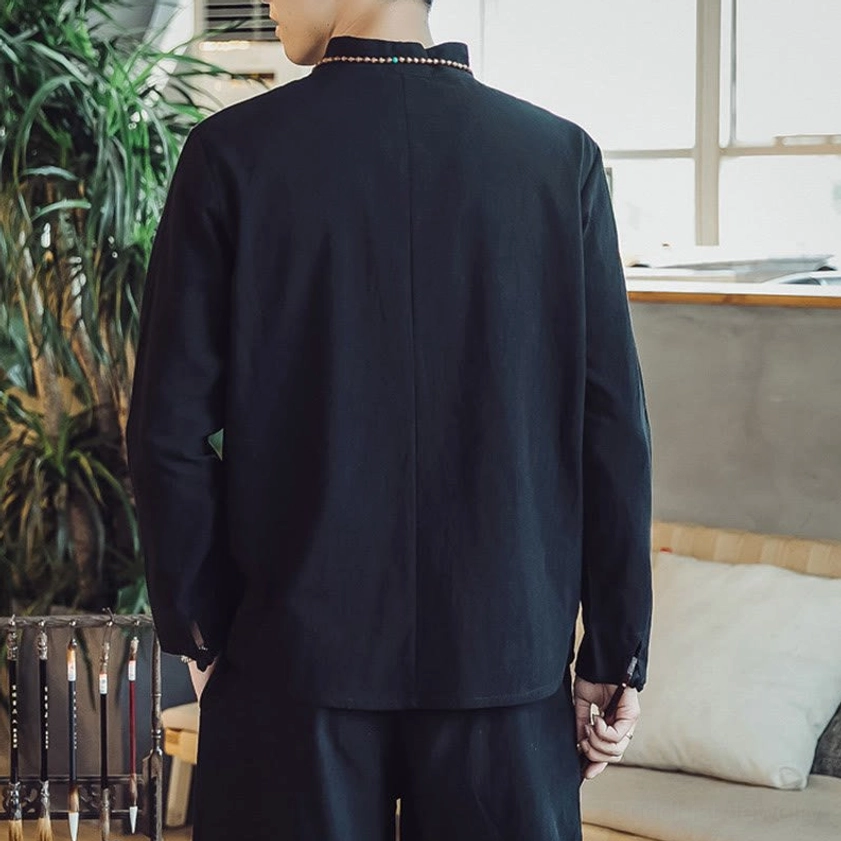 Men's meditation clothing set front angle showing fit and drape