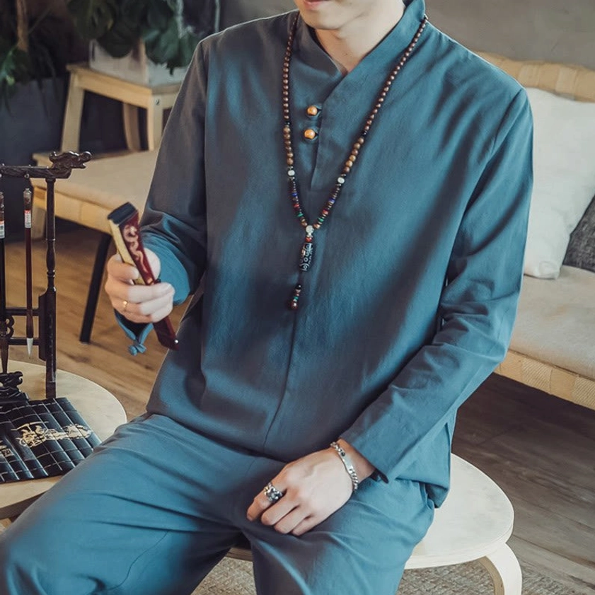 Men's meditation set linen texture detail and fabric quality