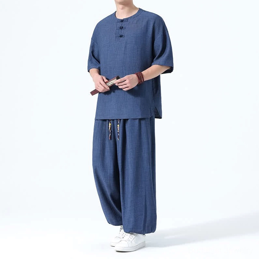 Men's Tang style meditation shirt navy variant left three-quarter full body shot frog buttons