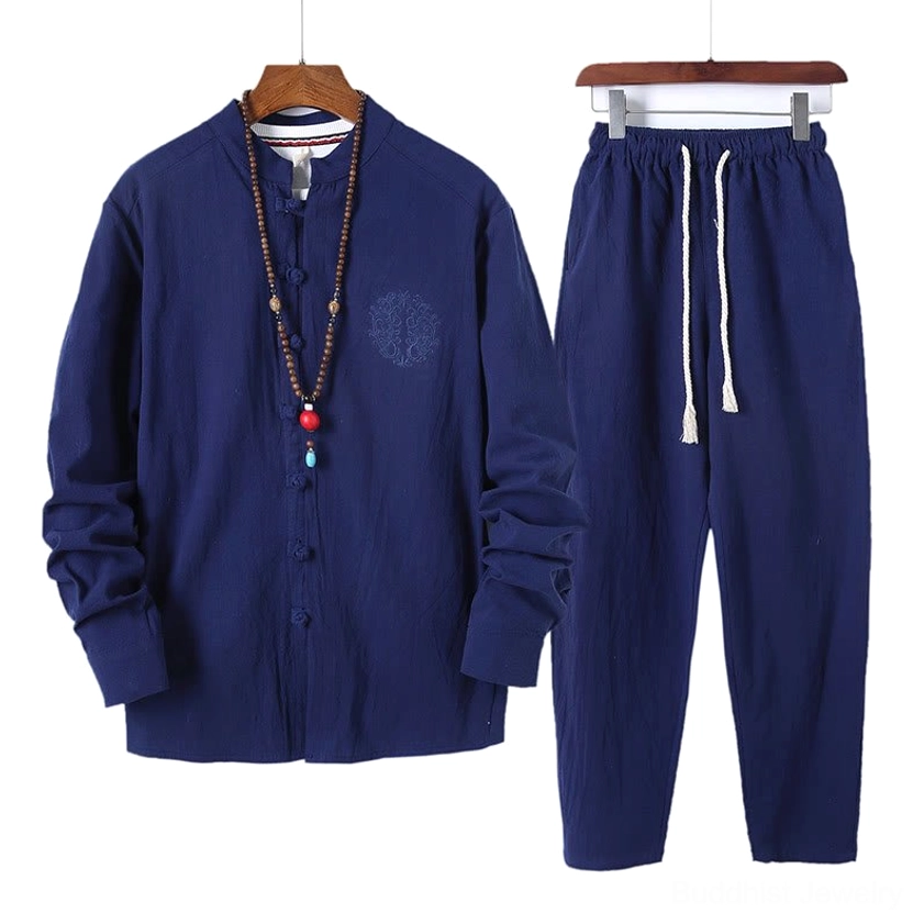 Complete meditation set in royal blue - shirt and pants two-piece ensemble laying flat display
