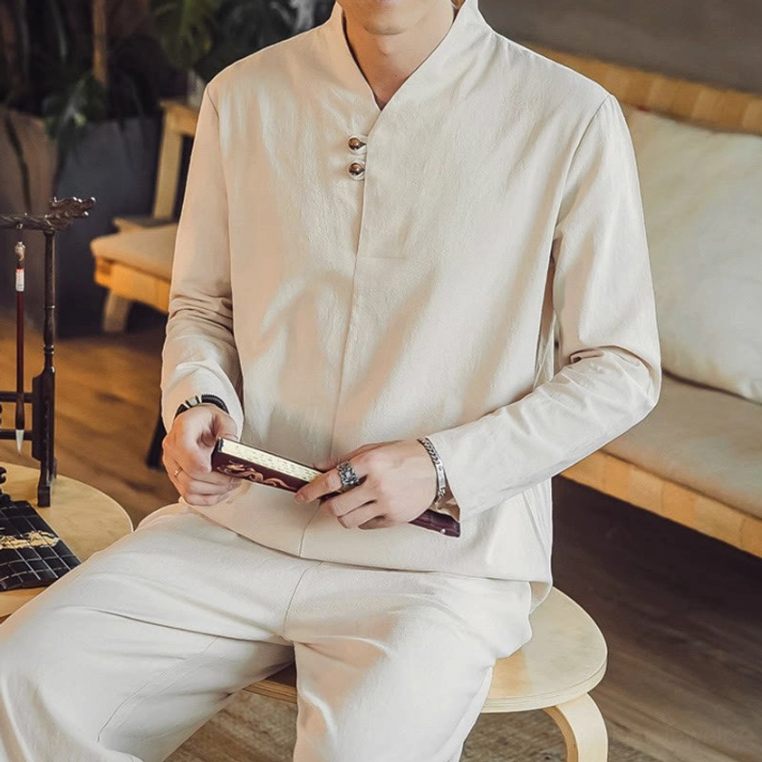 Men's meditation set sitting half body view showing relaxed posture