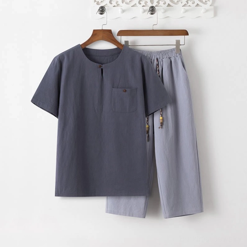 Men's cotton linen Buddhist meditation set sizing guide - showing different size options (L XL 2XL 3XL 4XL 5XL) with measurements in inches and centimeters