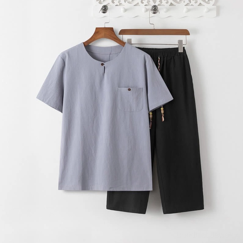 Men's Buddhist meditation 2-piece set styling ideas - ways to wear meditation outfit for yoga classes spiritual retreats tai chi practice and conscious lifestyle
