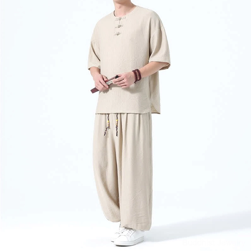 Men's Tang style meditation set wheat color left three-quarter full body view