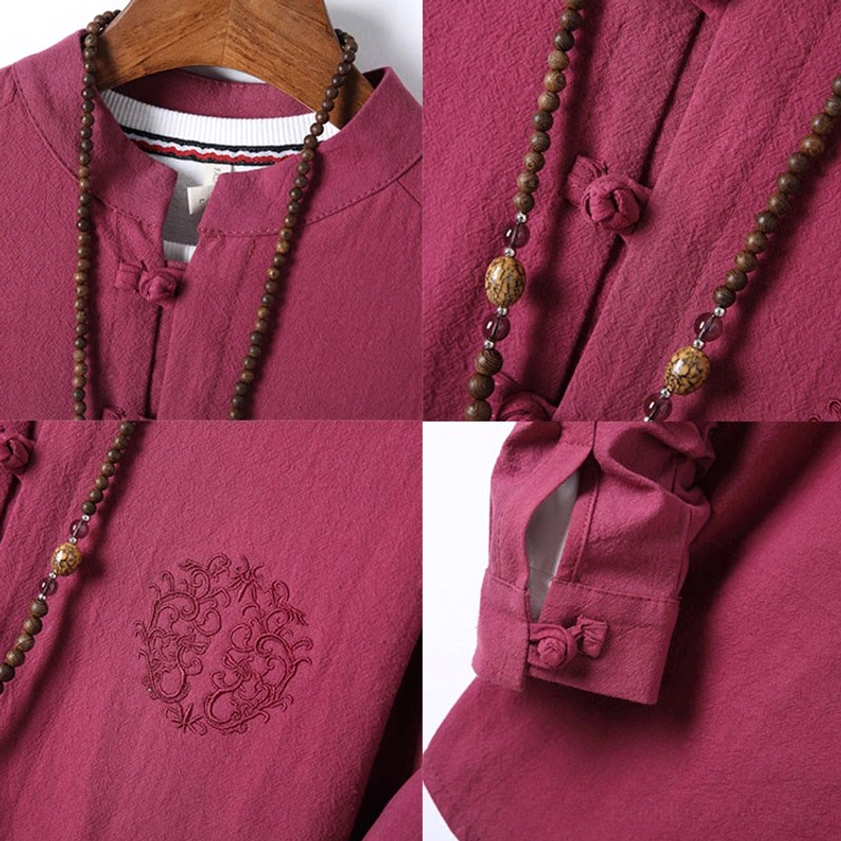 Firebrick red meditation shirt sleeve detail showing long sleeve design and cuff construction