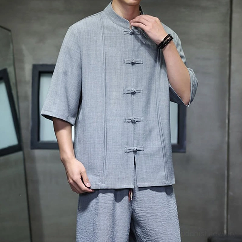 Men's Buddhist meditation clothing suit showing elastic waist and relaxed silhouette for comfort