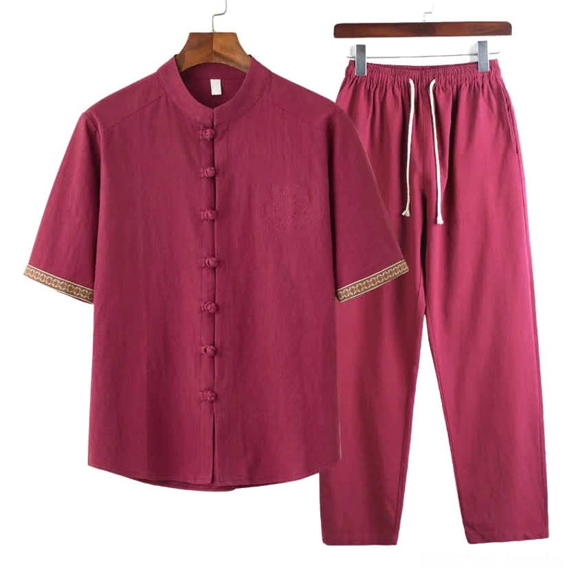Burgundy men's meditation tai chi outfit 2-piece set with traditional mandarin collar and harem pants