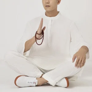 Men's Buddhist meditation tai chi clothing set front view, cotton linen blend with stand collar and three-quarter sleeves, white color