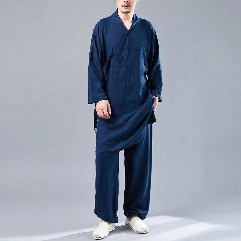 Steel blue Buddhist meditation uniform on model showing all details and fit