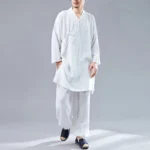 Men's white cotton-linen Buddhist meditation Tai Chi uniform set with V-neck top and wide-leg pants, front full-body view