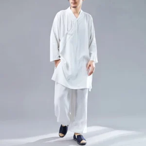 Men's white cotton-linen Buddhist meditation Tai Chi uniform set with V-neck top and wide-leg pants, front full-body view