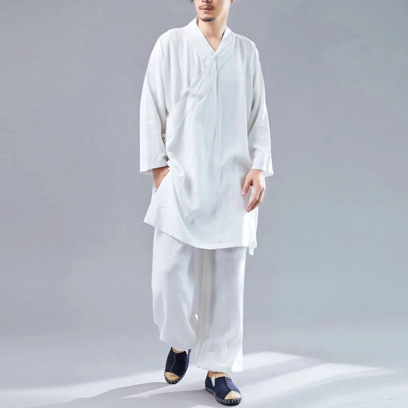 Men's white cotton-linen Buddhist meditation Tai Chi uniform set with V-neck top and wide-leg pants, front full-body view