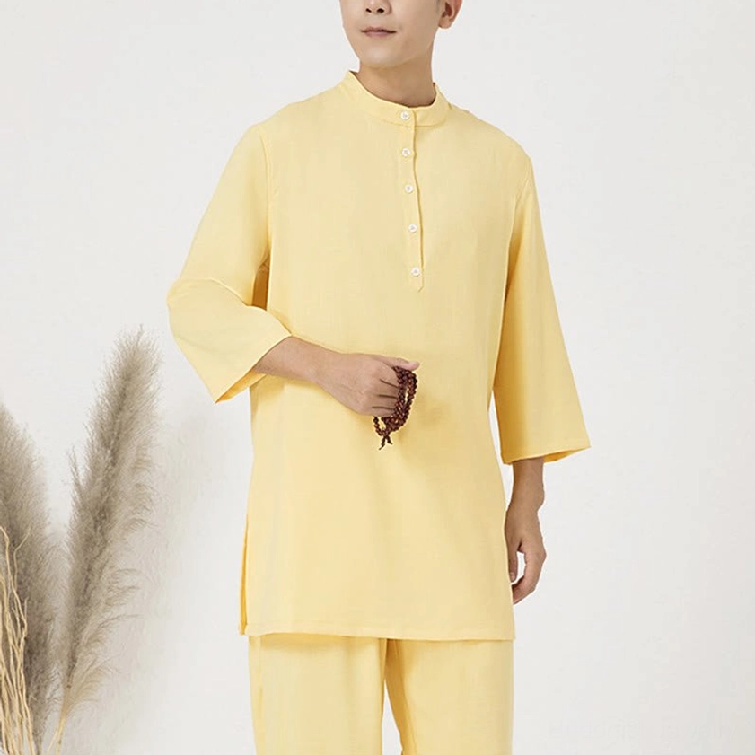 Men's meditation tai chi uniform yellow color, breathable cotton linen blend with stand collar for zen practice