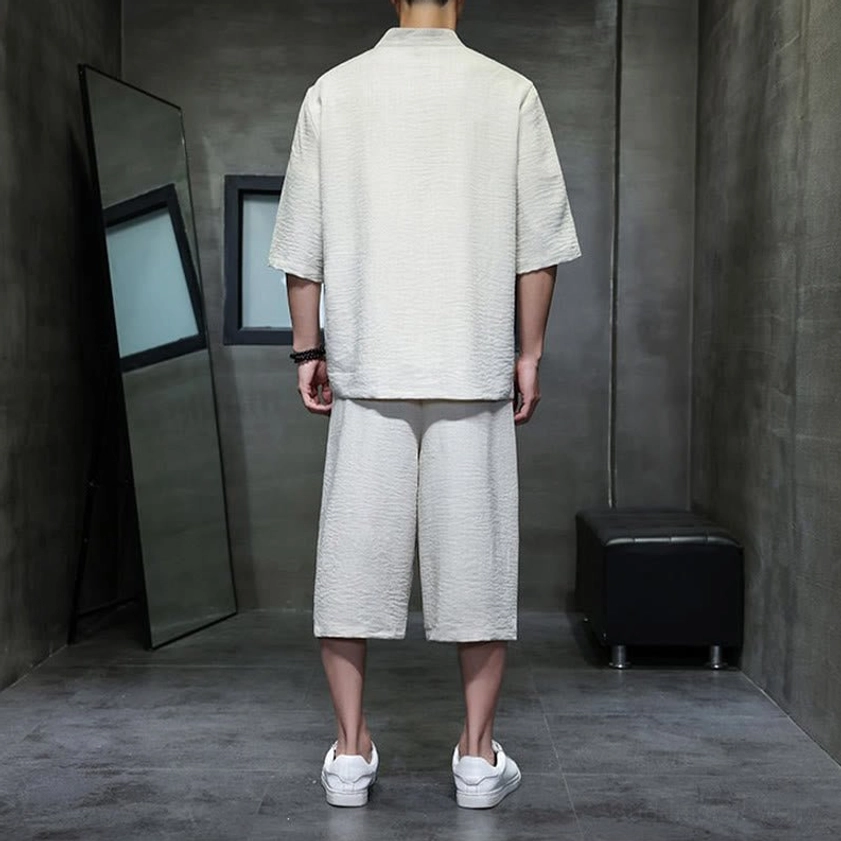Men's zen meditation suit back view with cropped pants and tassel drawstring