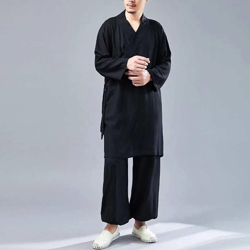 Black Buddhist meditation clothing set back view showing long tunic top design