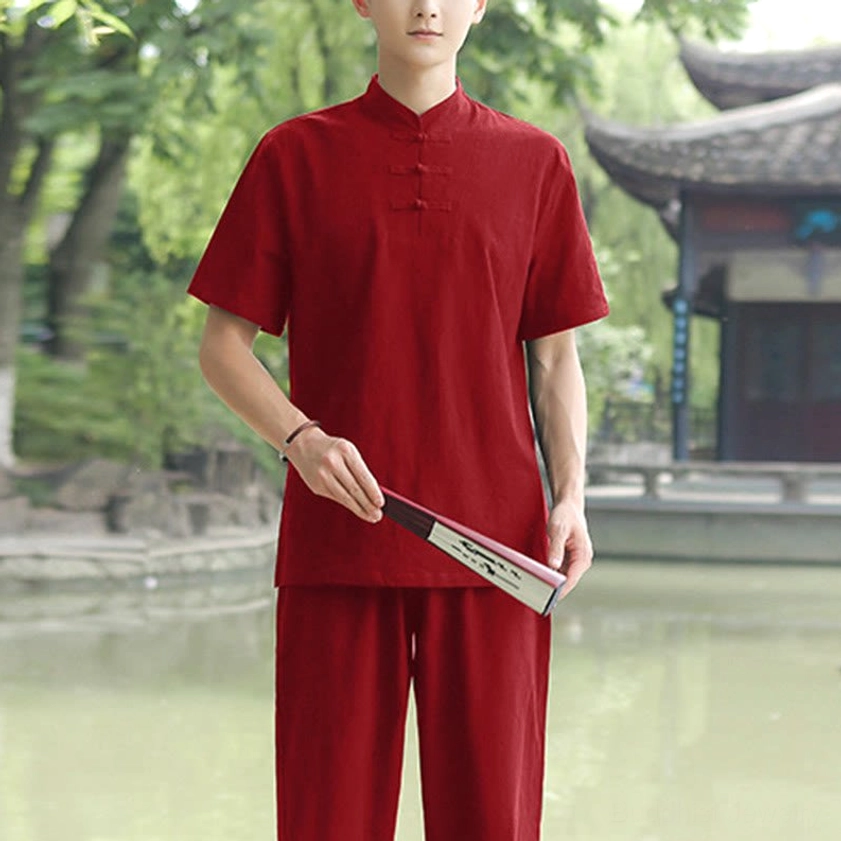Men's burgundy Zen Tai Chi cotton linen suit matching short-sleeve top and pants