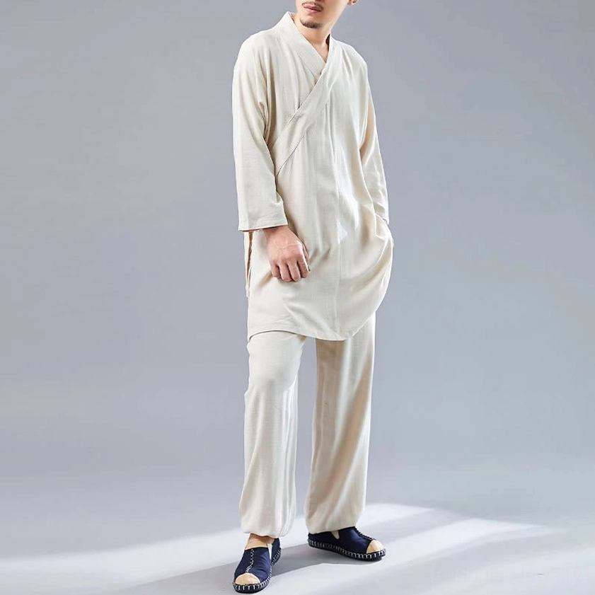 Beige cotton-linen Tai Chi meditation uniform full-body standing view in studio setting