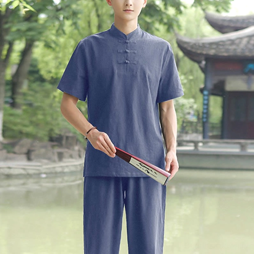 Men's navy blue meditation Tai Chi uniform short-sleeve top and pants with frog button closure