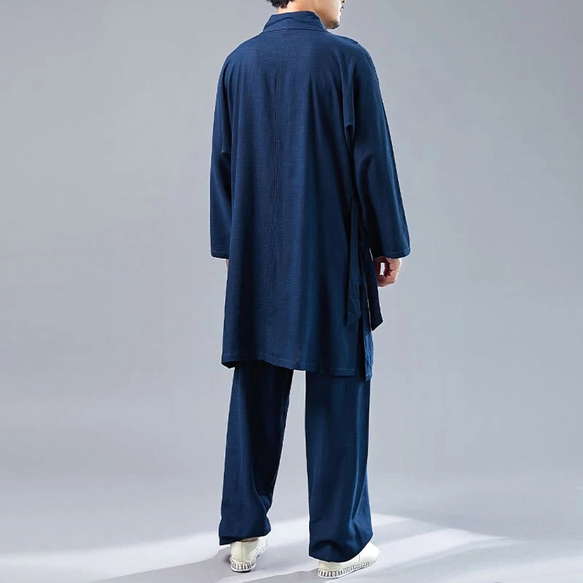 Steel blue cotton-linen Tai Chi meditation clothing fit and movement demonstration