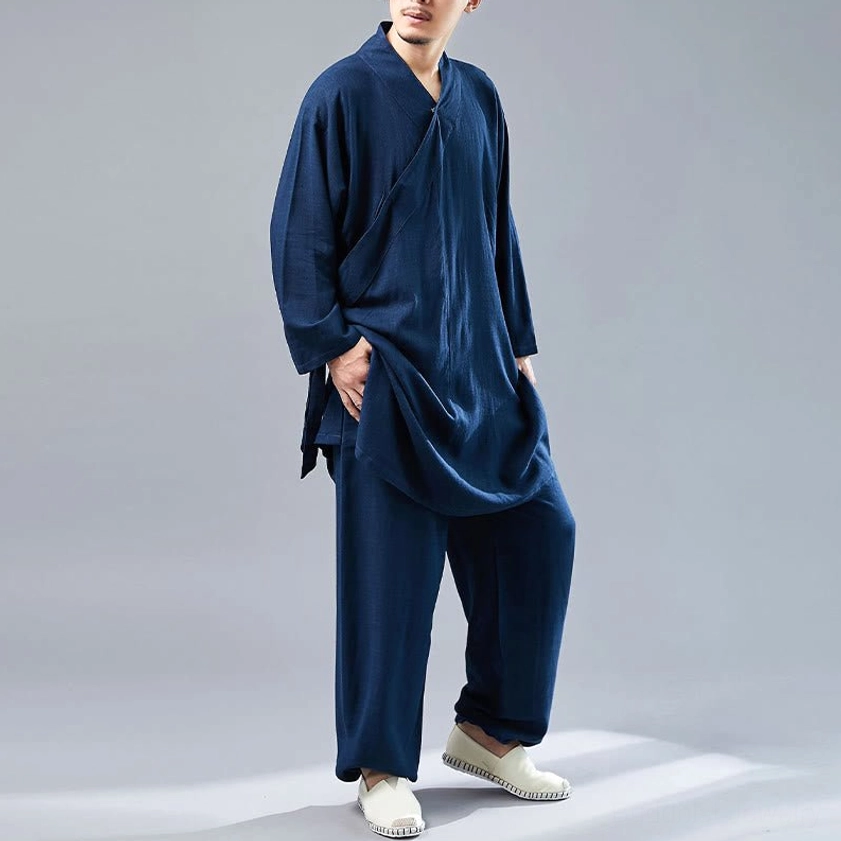 Premium quality steel blue cotton-linen meditation uniform from Buddha Stones