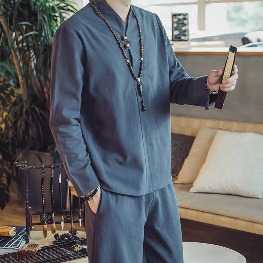Men's meditation wear showing spiritual mindfulness lifestyle